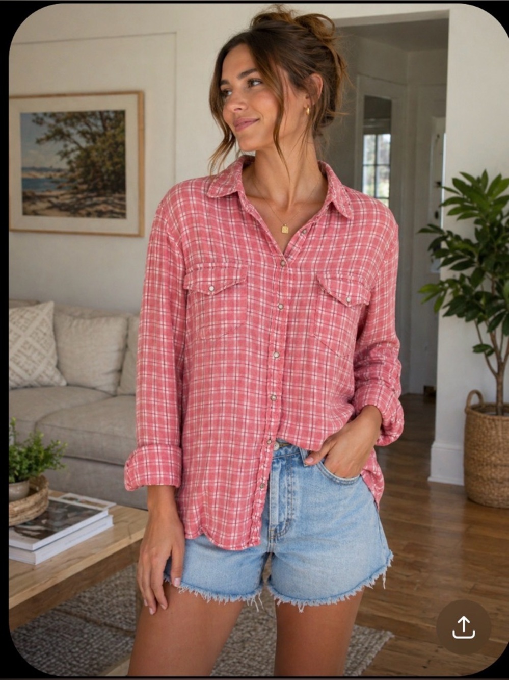 aerie Pink Plaid Flannel Snap Button Shirt Cotton Blend Size L